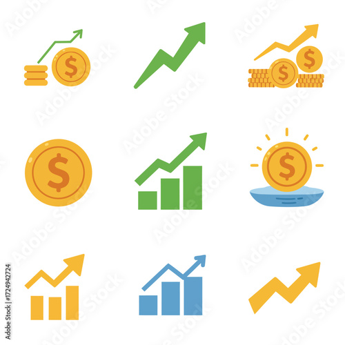 Financial growth icons depicting investment profit and economic success