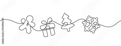 christmas cute ornament one line drawing continuous seamless decoration graphic. gingerbread gift box pinaceae and snowflake icon symbol element minimalist art thin line illustration