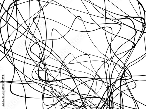 Black tangled thread background. Circular abstract pen stroke vector illustration, on a white background. Hand drawn tangled doodles. Vector illustration isolated on white background.