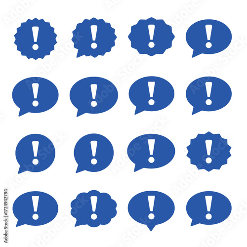 A collection of bright blue exclamation point symbols in various speech bubbles