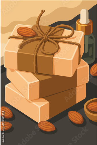 Handmade Almond Soap Bars Stacked with Essential Oil