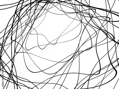 Black tangled thread background. Circular abstract pen stroke vector illustration, on a white background. Hand drawn tangled doodles. Vector illustration isolated on white background.