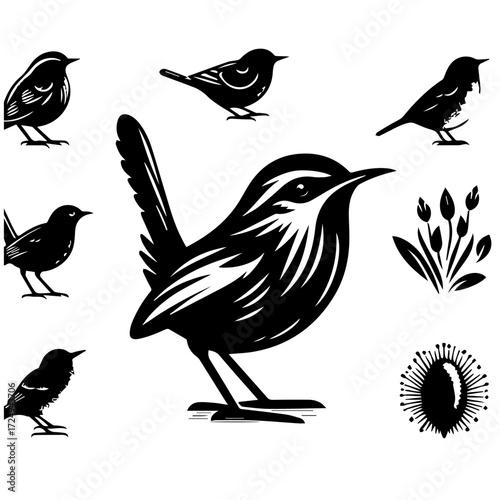 A collection of stylized bird illustrations in black silhouette with floral elements present too