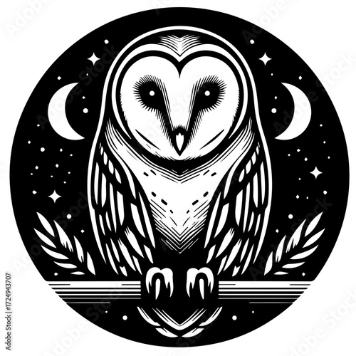 Barn owl perched on a branch under a starry night sky with crescent moons in a circular frame design