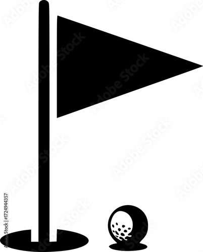 a black golf course icon, a small flag waving, a hole, a golf ball, white background

