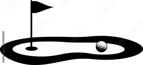 a black golf course icon, a small flag waving, a hole, a golf ball, white background

