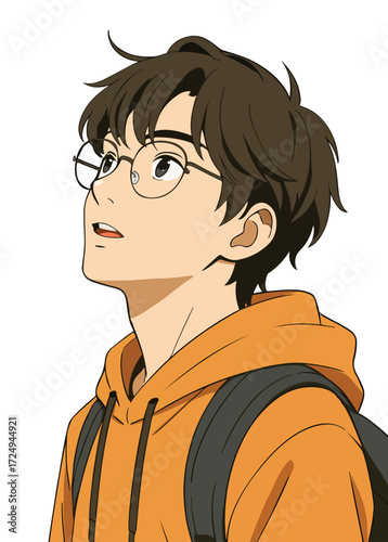 Thoughtful Anime Boy in Hoodie Looking Up