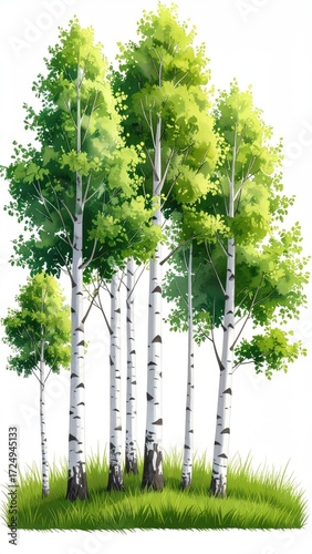 Lush green birch trees with distinctive white bark clustered on a small grassy knoll against a white background
