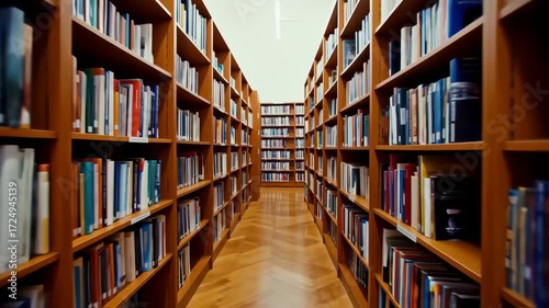 Rows of wooden bookshelves filled with numerous books line a long corridor with a polished wooden floor, creating a studious and peaceful atmosphere