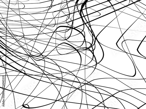 Black tangled thread background. Circular abstract pen stroke vector illustration, on a white background. Hand drawn tangled doodles. Vector illustration isolated on white background.