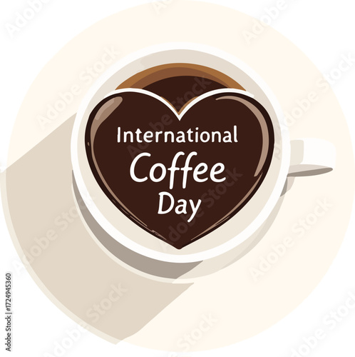International Coffee Day illustration with heart-shaped coffee surface, top-down cup view, and soft warm tones