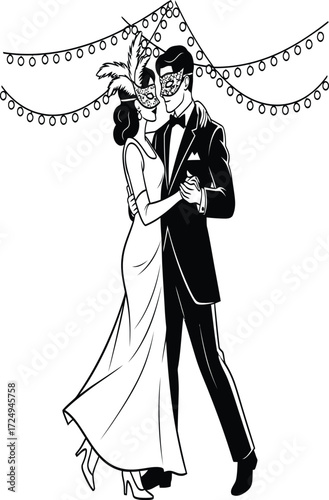 Elegant couple in masks dancing at a vintage masquerade ball event on transparent background
