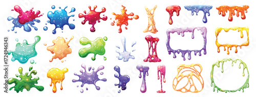 Color slime splashes and frames set isolated on white background. Vector cartoon illustration of bright red, green, yellow, blue sticky stains dripping, jelly border, spooky game ui design element