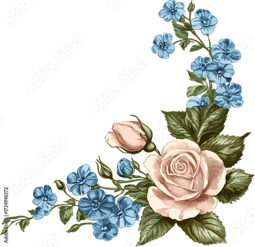 a pink rose and blue forget-me-nots corner design clipart, isolated on white background