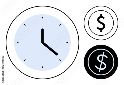 Clock with blue face paired with black and white dollar signs. Ideal for productivity, time management, finance, cost efficiency, saving, scheduling, and economic balance. Simple flat metaphor