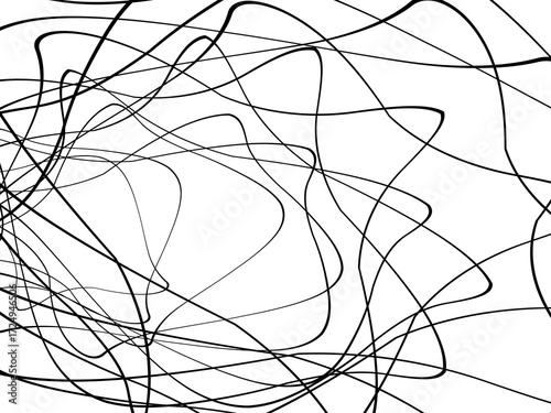 Black tangled thread background. Circular abstract pen stroke vector illustration, on a white background. Hand drawn tangled doodles. Vector illustration isolated on white background.