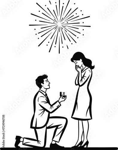 Man proposes to woman under fireworks in a romantic marriage proposal scene on transparent background