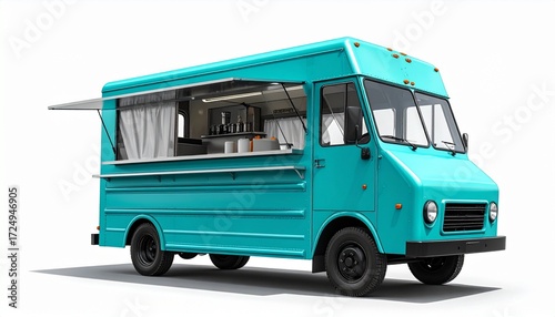 Turquoise food truck—service window open, coffee machine and shelves inside—parked and ready on clean surface—evokes crafted mobility, symbolic service, and the rhythm of urban flavor and modular hosp