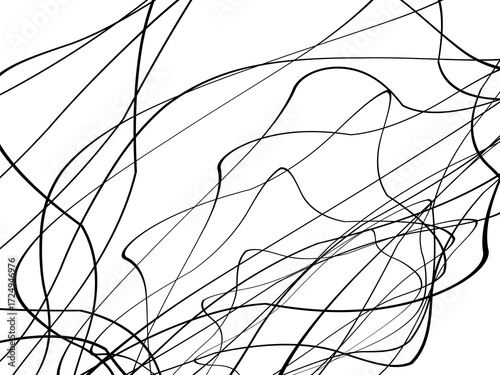 Black tangled thread background. Circular abstract pen stroke vector illustration, on a white background. Hand drawn tangled doodles. Vector illustration isolated on white background.