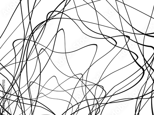 Black tangled thread background. Circular abstract pen stroke vector illustration, on a white background. Hand drawn tangled doodles. Vector illustration isolated on white background.