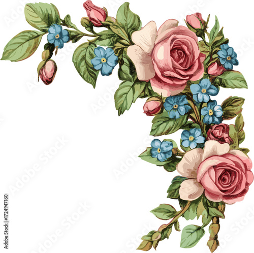 Corner decoration with pink rose flower and blue forget me not flowers arrangement, vintage style, vector illustration