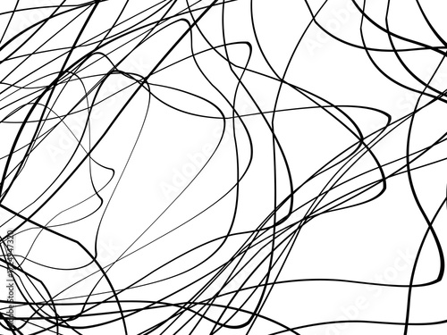 Black tangled thread background. Circular abstract pen stroke vector illustration, on a white background. Hand drawn tangled doodles. Vector illustration isolated on white background.