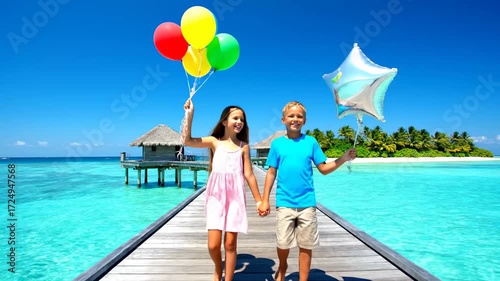 Kids holding balloons private island resort pier cinematic family vacation lifestyle joy. youngsters grasping orb seaside haven dock filmic kindred holiday existence elation.