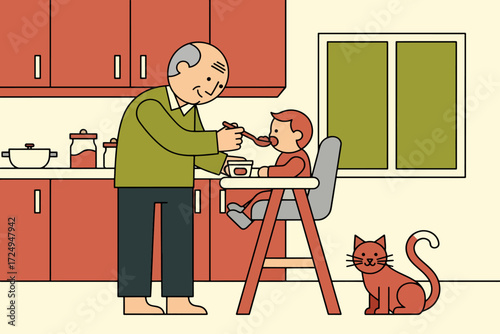 Grandfather Feeding Baby in Highchair with Cat, Kitchen Scene Illustration