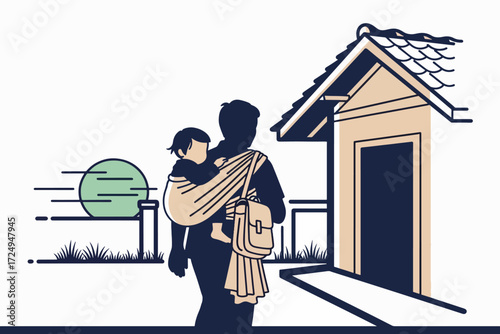 A vector illustration of a devoted parent carrying their child in a sling, symbolizing the journey of parenthood and returning home
