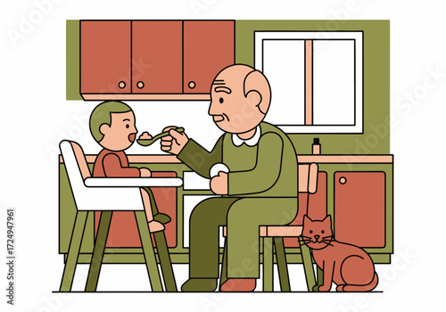 Grandfather lovingly feeding his grandchild in a high chair with a spoon, with a cat nearby in the kitchen