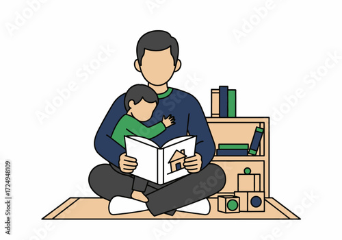 Loving dad holds his toddler while they read a picture book together. A heartwarming vector illustration about parenthood and quality family time