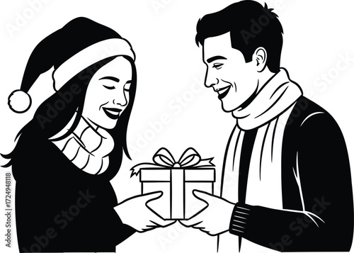 Woman in santa hat receives christmas gift from smiling man with scarf on transparent background