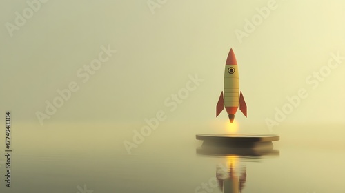 Rocket Igniting over Calm Lake with Fog