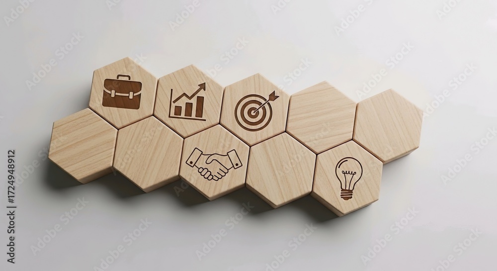 Fototapeta premium Business strategy development growth innovation partnership goals concept on wooden hexagons