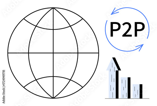 Globe outline with P2P exchange arrows and increasing bar graph. Ideal for technology, finance, networking, globalization, growth, collaboration, simple landing page