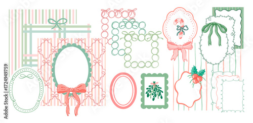 Hand drawn frames, bows and seamless patterns Christmas collection vector illustration set isolated on white. Wedding, invitation, decoration design elements.