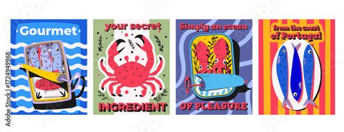 Sardine can retro posters with sea food - fish, crab and squid in colorful vintage packaging designs for gourmet products. Ocean creatures on striped, wave patterns. Portuguese inspired seafood art.