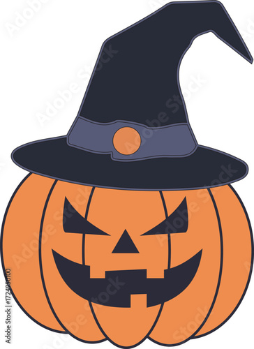 Halloween pumpkin with witch hat, perfect for party designs and spooky decorations.