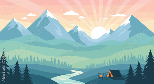 Vector illustration of mountain landscape with camping tent and campfire at sunset for travel blog