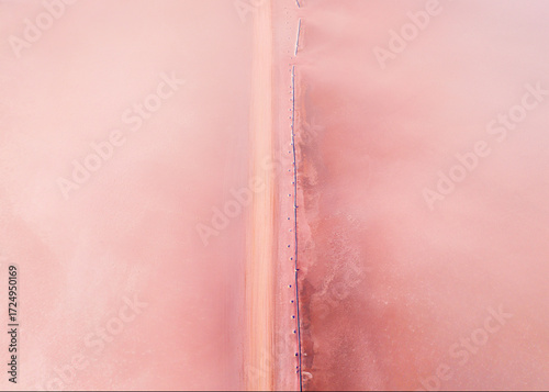 Aerial view of a straight dirt road and old fenceline cutting through a dry pastel pink salt pan with textured surface, Australia