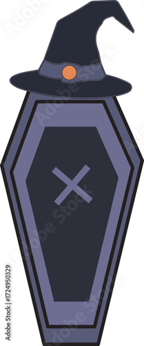 Flat coffin illustration with cross decoration, perfect for horror and Halloween design.
