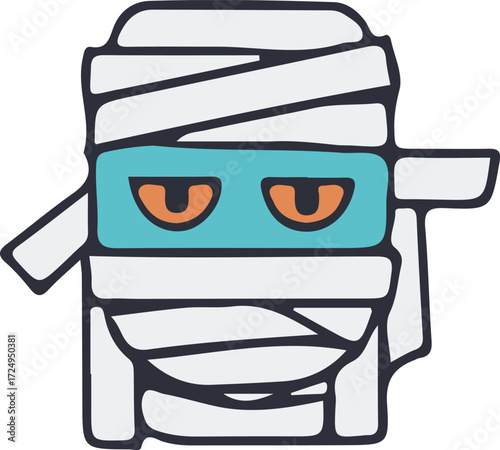Funny cartoon mummy character with bandages, ideal for kids’ Halloween themes.