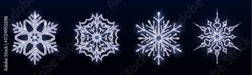 Silver glitter snowflake collection with sparkling textures for winter designs - crystal patterns on dark background. Shimmering festive decorations and holiday ornaments for seasonal projects.