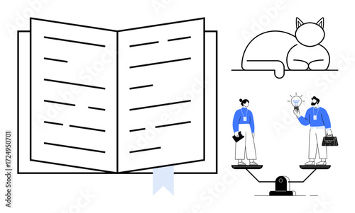 Open book with bookmark, cat lounging calmly, and people weighing choices and sharing ideas. Ideal for education, creativity, balance, learning, productivity relaxation decision-making. Simple flat