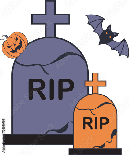 Halloween graveyard tombstone with pumpkin and cross decoration.