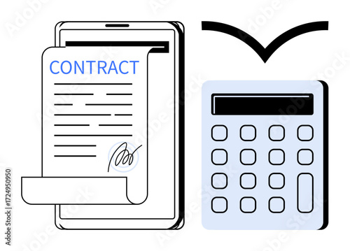 Tablet displaying signed contract on screen with nearby calculator. Ideal for business, finance, legal agreements, e-signature, digital documentation, financial processing, online contracts. Simple