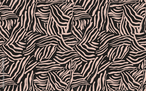 Abstract repeat design featuring wavy, striped patterns in soft pink on a dark background, evoking a modern, organic feel.