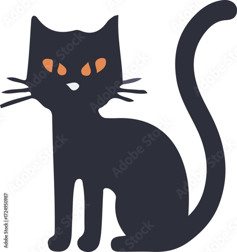 Flat illustration of a black cat with yellow eyes, symbol of Halloween and mystery.