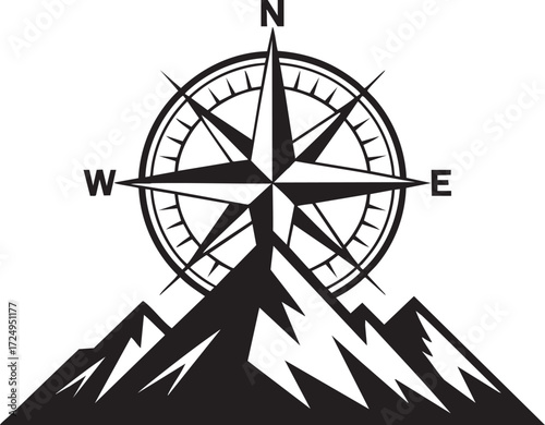 A compass rose with north east south and west directions above a mountain range in black and white art