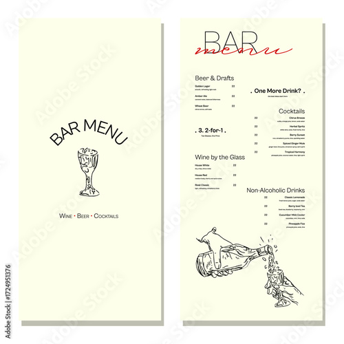 Elegant retro bar menu design with minimalist line art illustrations. Perfect for restaurants, bars, cafés and cocktail events. Includes sections for beer, wine, cocktails and non-alcoholic drinks. Cl